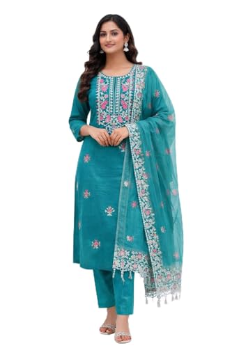 HARBAK Women Embroidered Kurta Pant Dupatta Set, Teal Green, Magic Cotton Fabric, Floral Work, Size M (IN, Alpha, M, Regular)