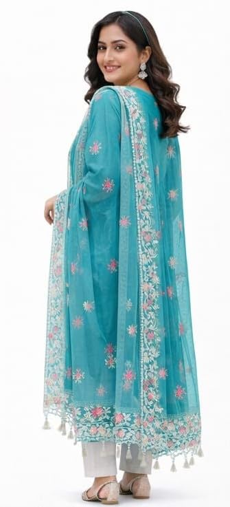 HARBAK Women Embroidered Kurta Pant Dupatta Set, Teal Green, Magic Cotton Fabric, Floral Work, Size M (IN, Alpha, M, Regular)