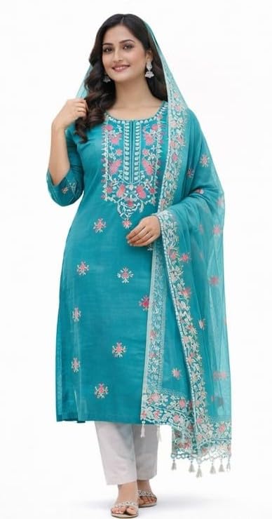 HARBAK Women Embroidered Kurta Pant Dupatta Set, Teal Green, Magic Cotton Fabric, Floral Work, Size M (IN, Alpha, M, Regular)