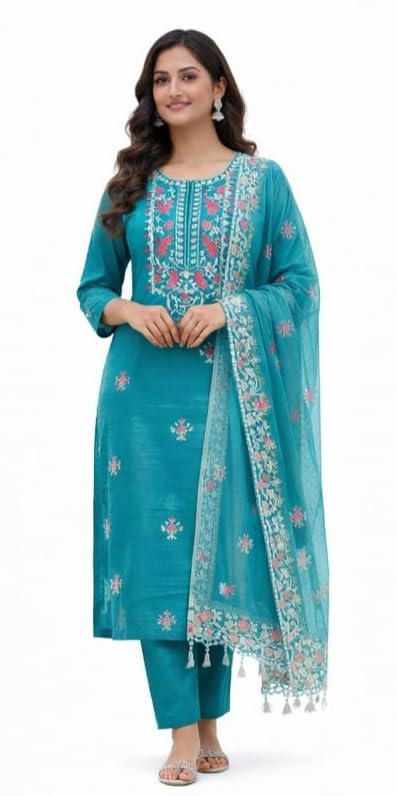 HARBAK Women Embroidered Kurta Pant Dupatta Set, Teal Green, Magic Cotton Fabric, Floral Work, Size M (IN, Alpha, M, Regular)