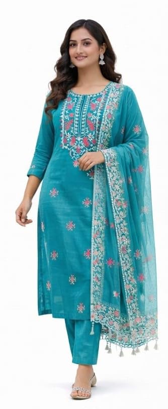 HARBAK Women Embroidered Kurta Pant Dupatta Set, Teal Green, Magic Cotton Fabric, Floral Work, Size M (IN, Alpha, M, Regular)