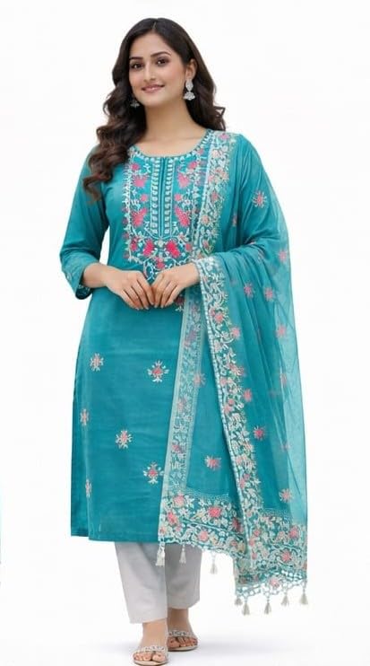 HARBAK Women Embroidered Kurta Pant Dupatta Set, Teal Green, Magic Cotton Fabric, Floral Work, Size M (IN, Alpha, M, Regular)