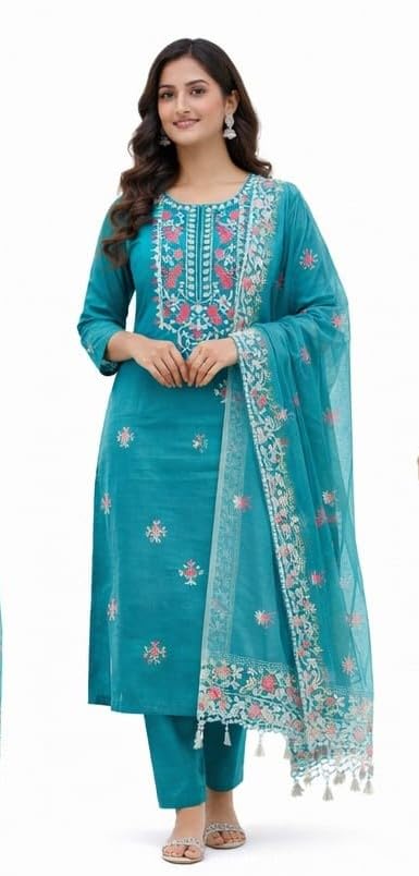 HARBAK Women Embroidered Kurta Pant Dupatta Set, Teal Green, Magic Cotton Fabric, Floral Work, Size M (IN, Alpha, M, Regular)