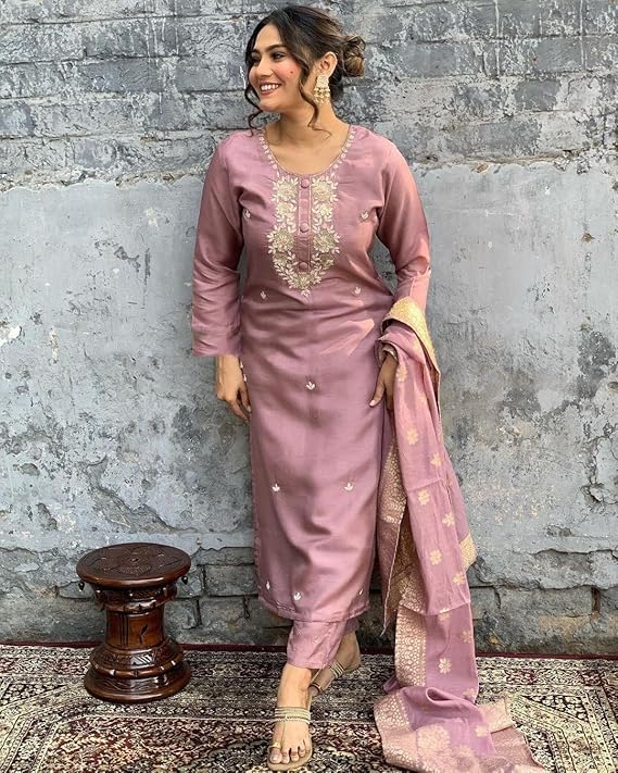 HARBAK Women Designer Salwar Kameez Set with Dupatta, Dusty Pink, Embroidered Traditional Indian Suit (IN, Alpha, S, Regular)