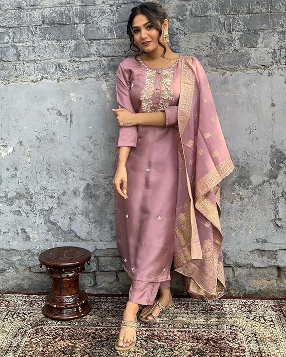 HARBAK Women Designer Salwar Kameez Set with Dupatta, Dusty Pink, Embroidered Traditional Indian Suit (IN, Alpha, S, Regular)