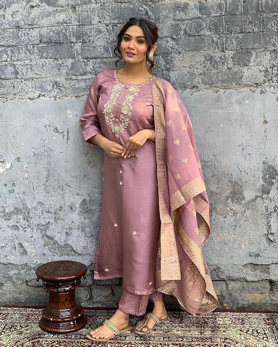 HARBAK Women Designer Salwar Kameez Set with Dupatta, Dusty Pink, Embroidered Traditional Indian Suit (IN, Alpha, S, Regular)